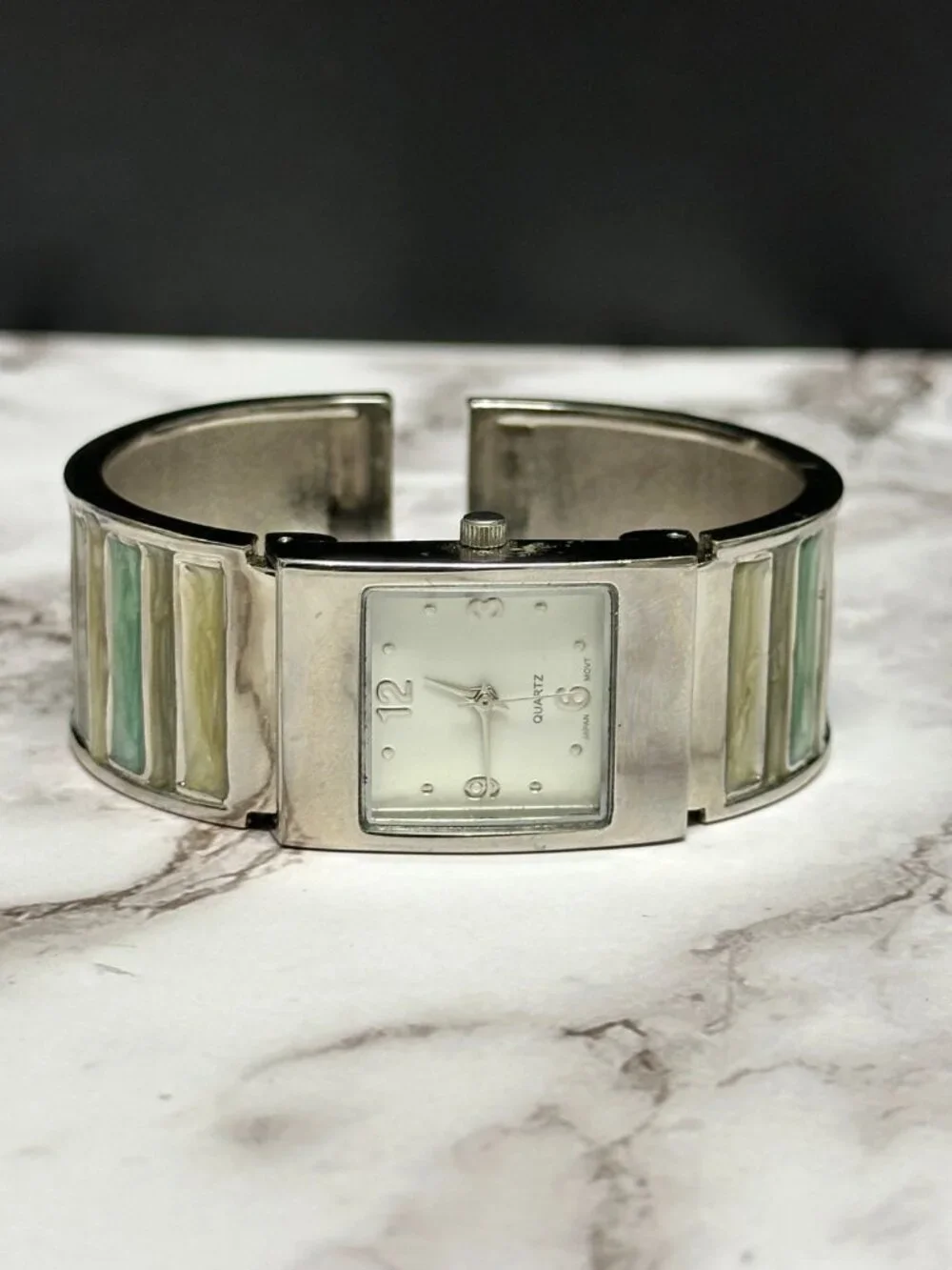 3/$30 Womens Watch Silver Tone Green Enamel Striped Cuff Band New Battery 6.75”